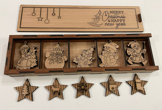 Xmas wooden ornaments in a box
