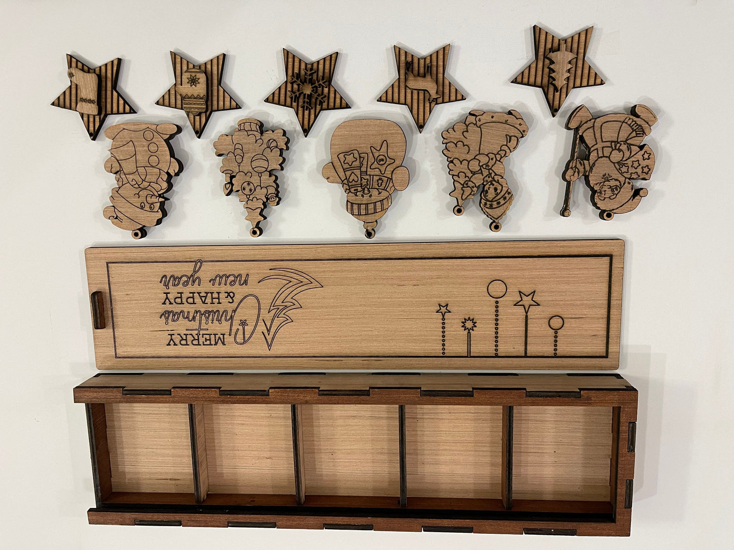 Xmas wooden ornaments in a box